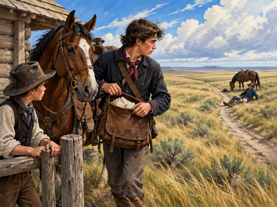 Illustration of Caleb beside his Pony Express horse, looking towards an injured rider on the Nebraska trail.