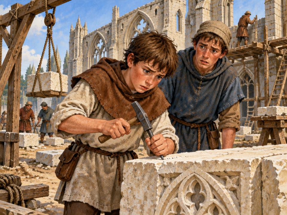 Illustration of Adam testing a stone at the unfinished Salisbury Cathedral building site around 1250.