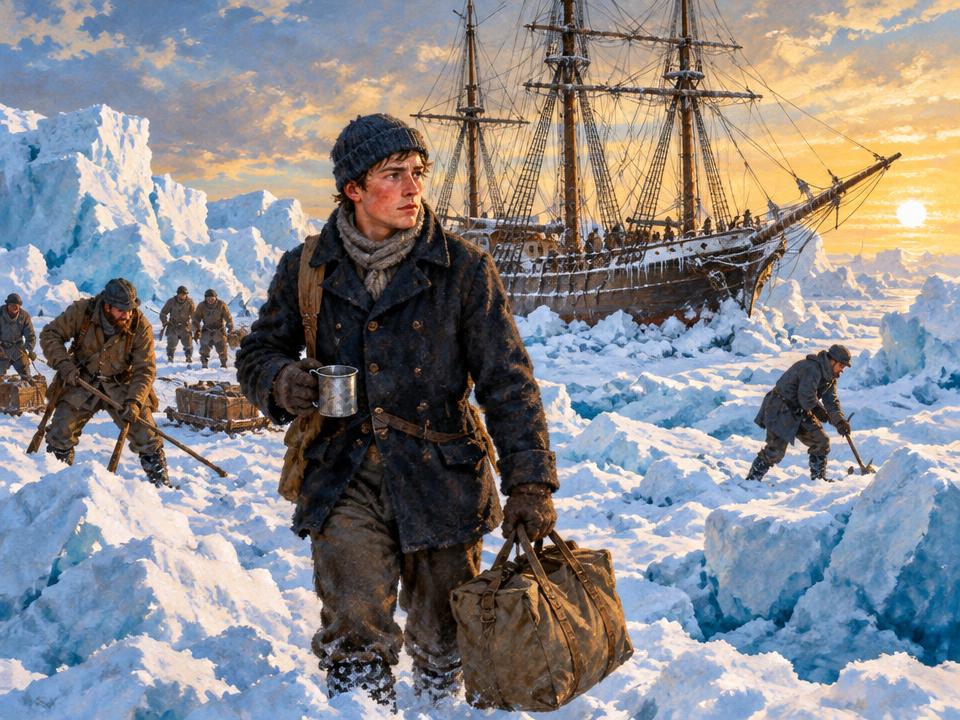 Illustration of Perce carrying supplies across Antarctic pack ice with Endurance trapped behind him.