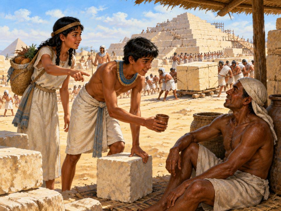 Illustration of Seneb offering water to a tired worker at the organised Giza pyramid building site around 2550 BC.
