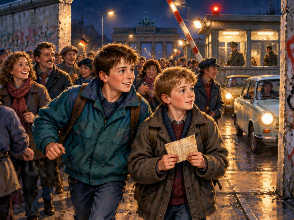 Illustration of Lukas and Oskar carrying an address through the crowd at an opening Berlin border crossing in 1989.