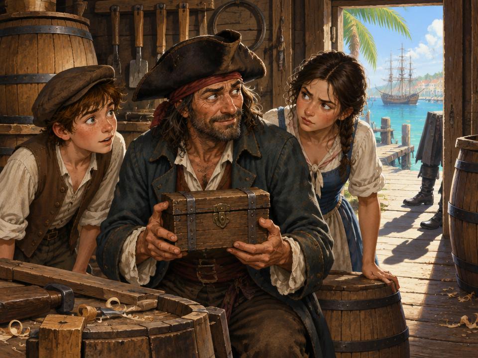 Illustration of Ben and Cora watching Rafe hold a small chest inside a Nassau cooper’s workshop.