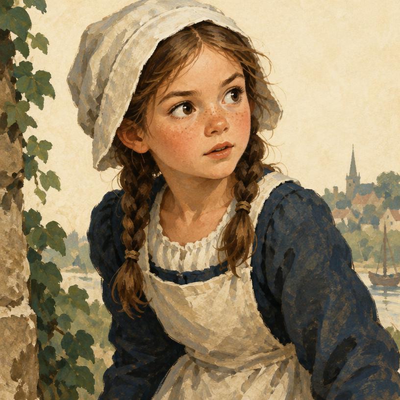 Illustration of Bess, a small girl in a cap and apron watching something closely.
