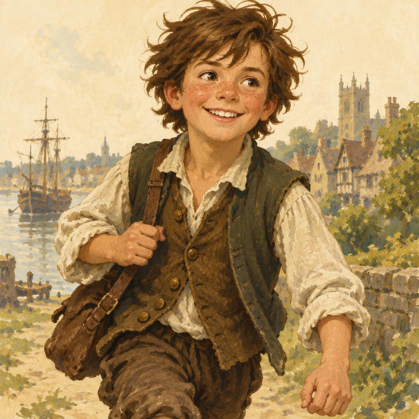 Illustration of Ned, a grinning boy in a linen shirt and waistcoat, striding beside the Thames.