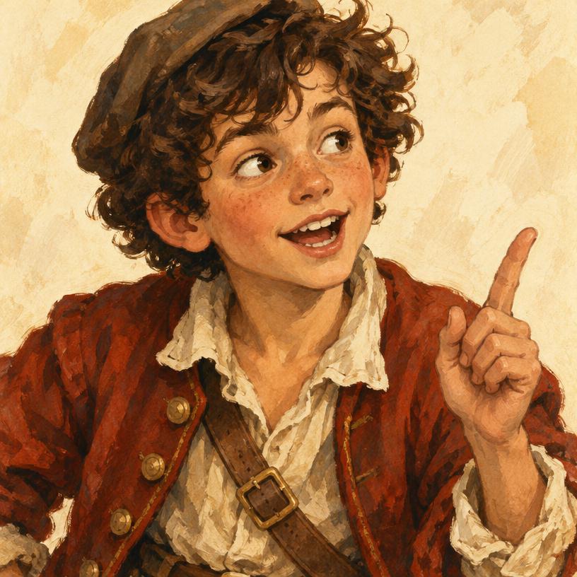 Illustration of Will, a curly-haired boy in a red coat mid-sentence with a raised finger.