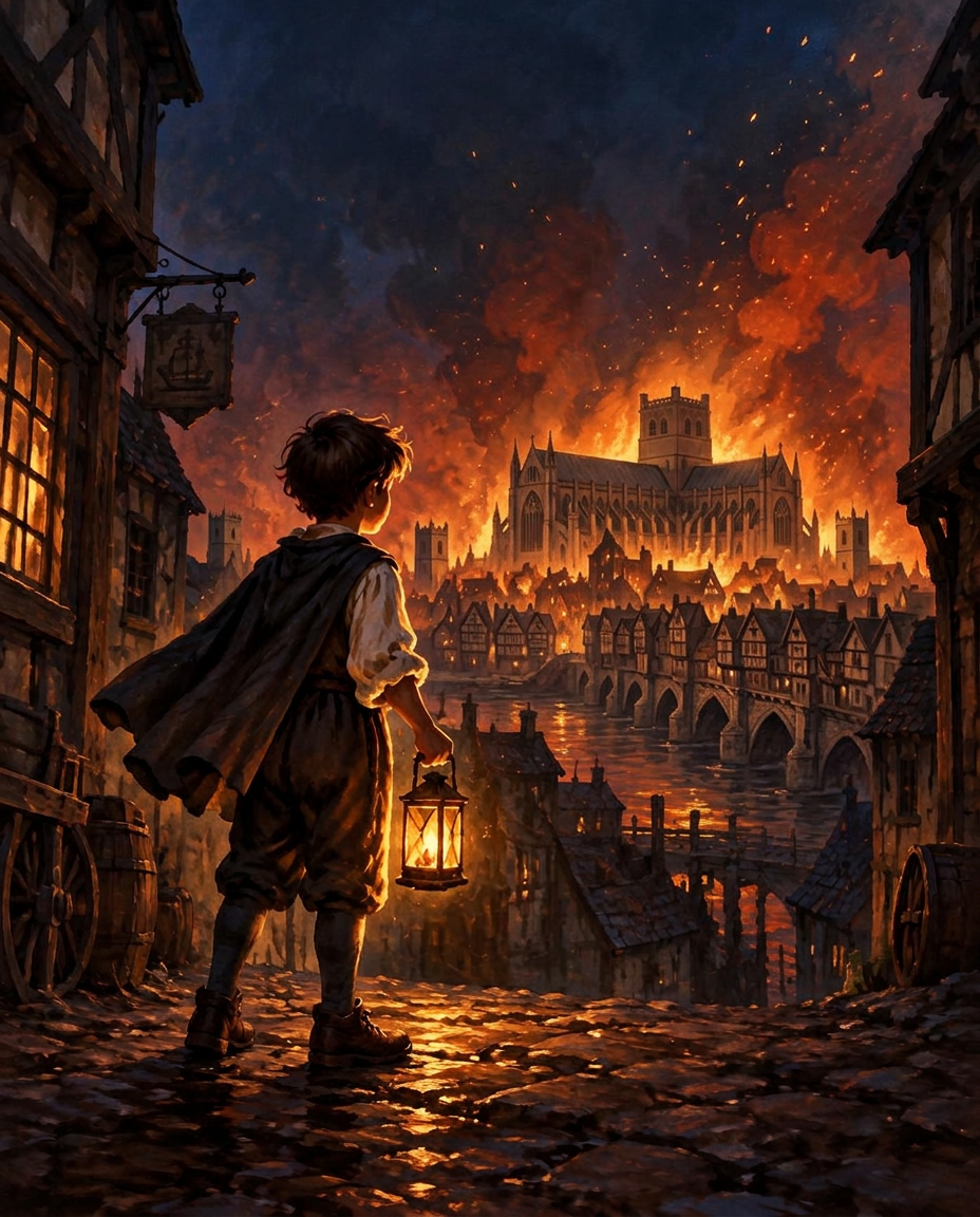 Cover illustration of a boy with a lantern looking across the river at burning 1666 London, with old St Paul’s tower and London Bridge.