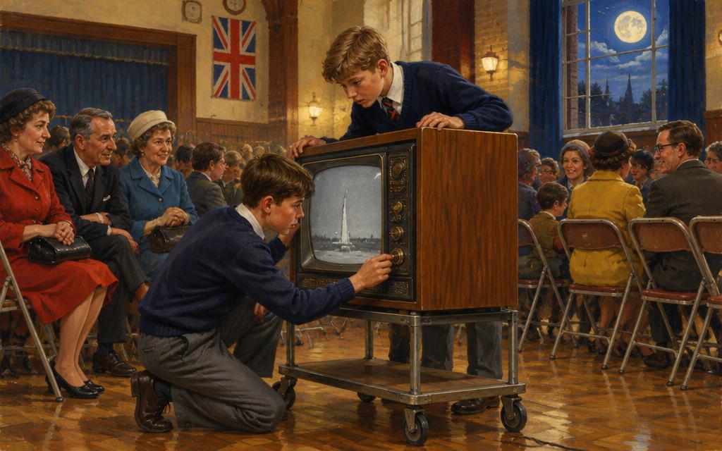 Ben and Ruth trying to fix a borrowed television in a crowded school hall on the night of the Moon landing, 1969.