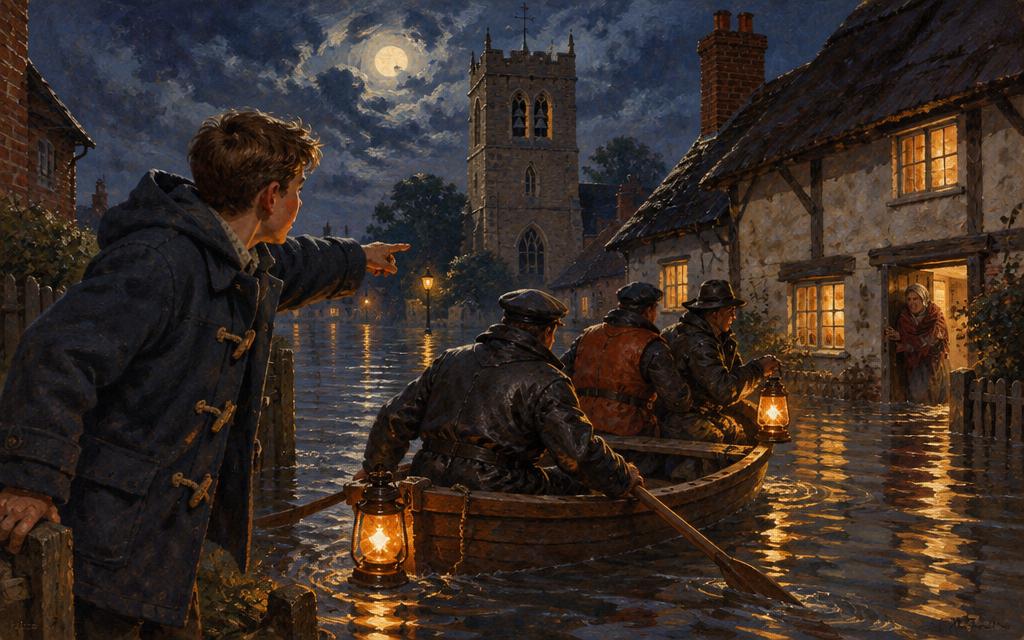 Peter pointing rescuers in a lantern-lit rowing boat towards a flooded Essex cottage, 1953.