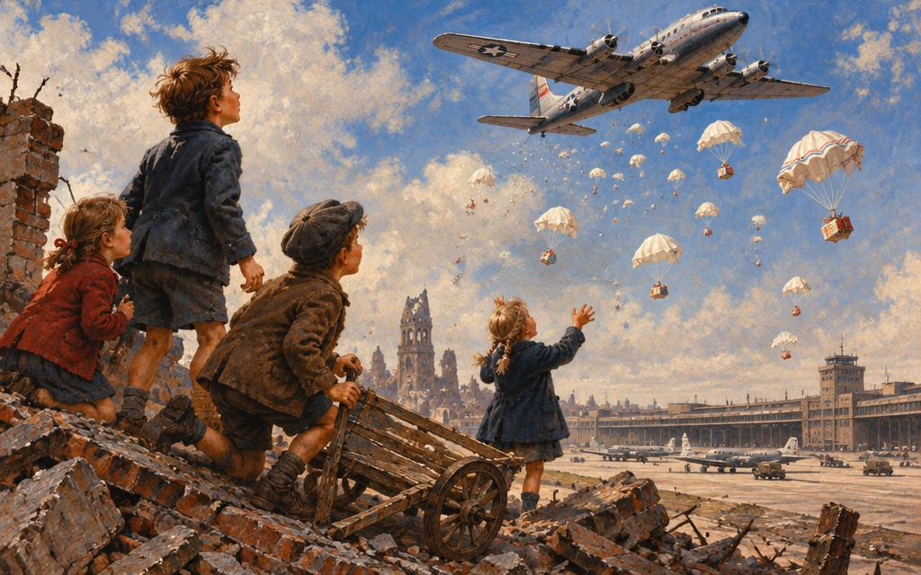 Children on Berlin rubble watching an airlift plane drop tiny sweet parachutes, 1948.