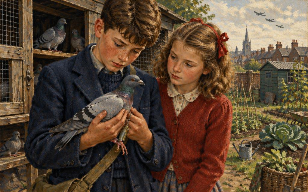 Harry and June holding a tired homing pigeon carrying a wartime message.