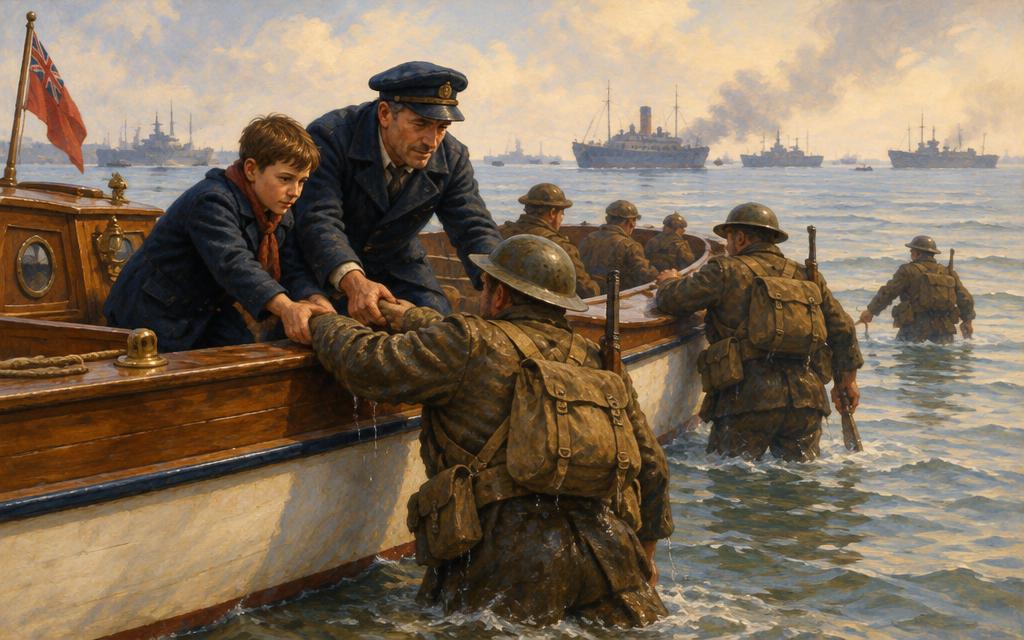 Jack and his father helping tired soldiers aboard their small boat off Dunkirk, 1940.