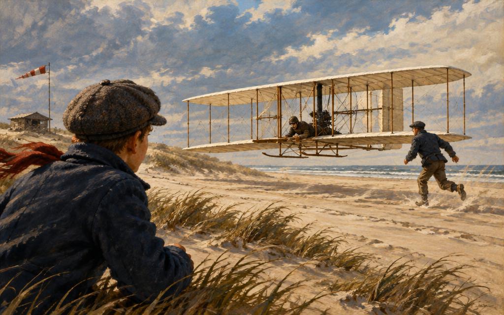 Johnny watching the Wright Flyer lift off the sand at Kitty Hawk, 1903.