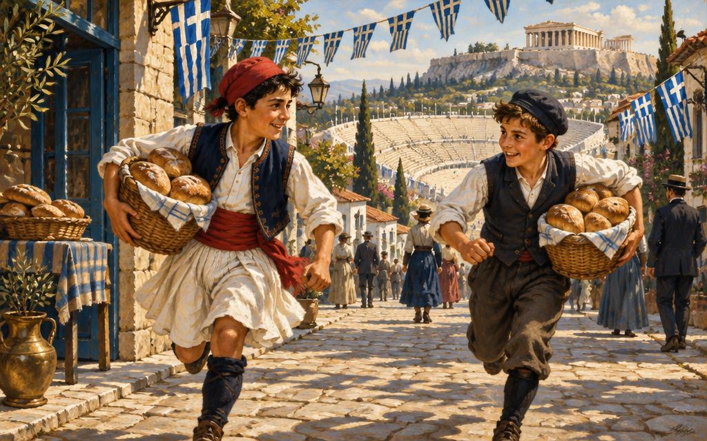 Nikos and Petros racing with bread baskets through Athens during the 1896 Olympics.
