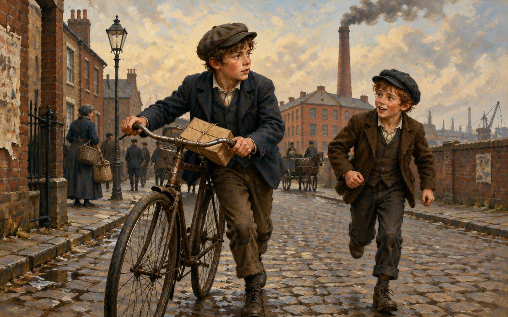 Billy and Kit hurrying a food parcel through East London on an old bicycle, 1888.