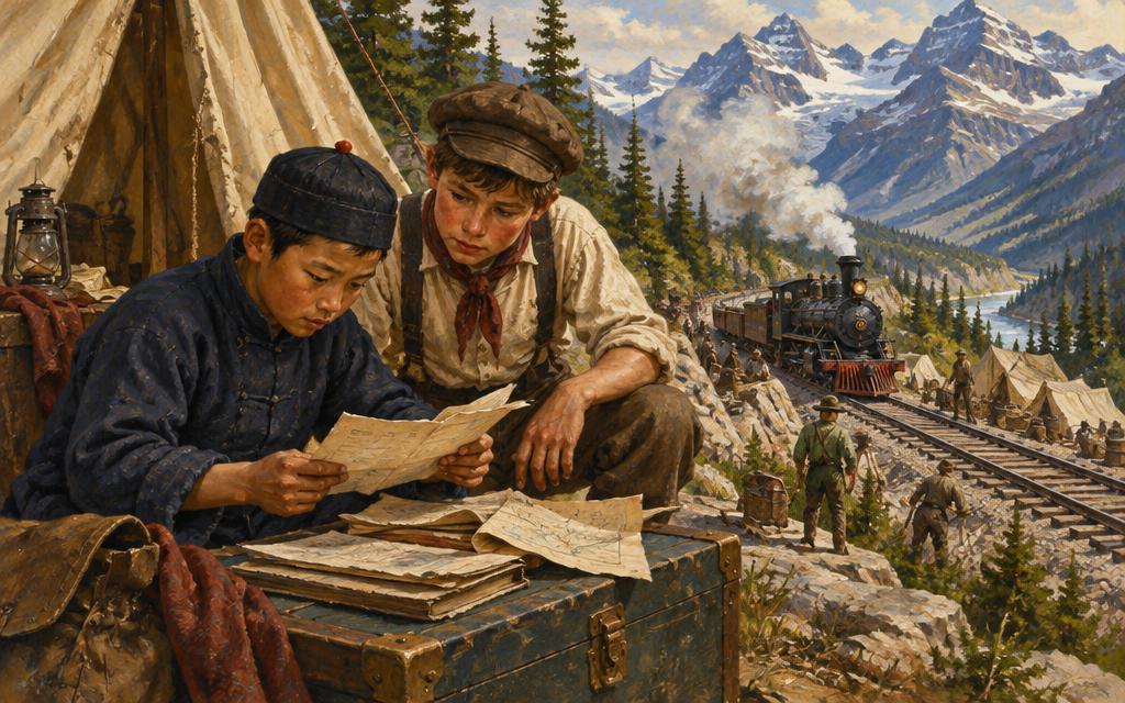 Ming and Arthur studying papers at a railway work camp in the Canadian Rockies, 1885.