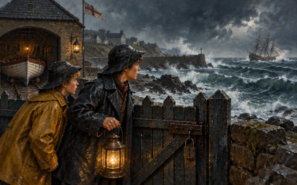 Tom and Jory at a locked lifeboat-station gate as a storm batters the Cornish coast.