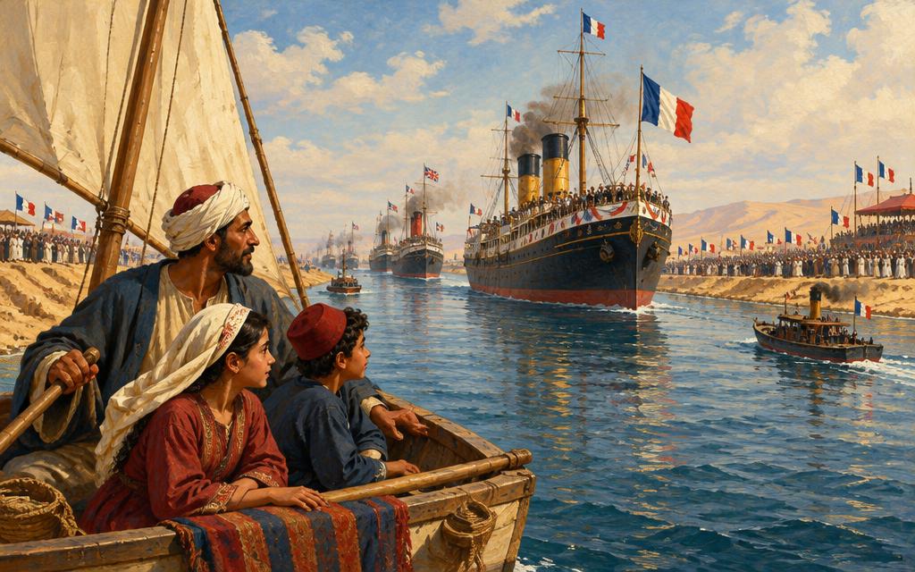 Hassan, his sister and father in their small boat as grand ships open the Suez Canal, 1869.