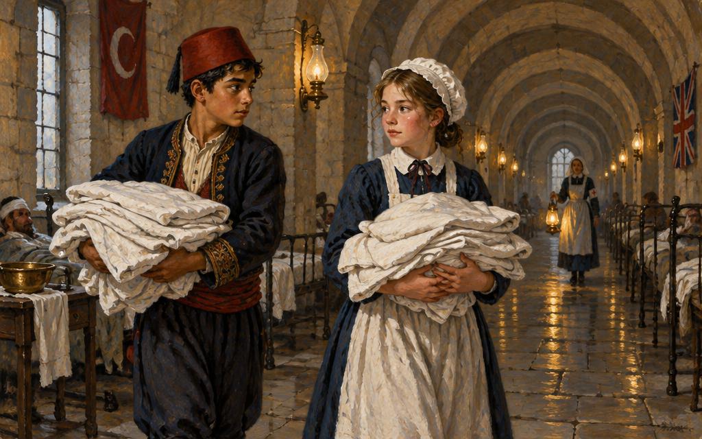 Osman and Eliza carrying clean sheets along a corridor of the Scutari hospital.