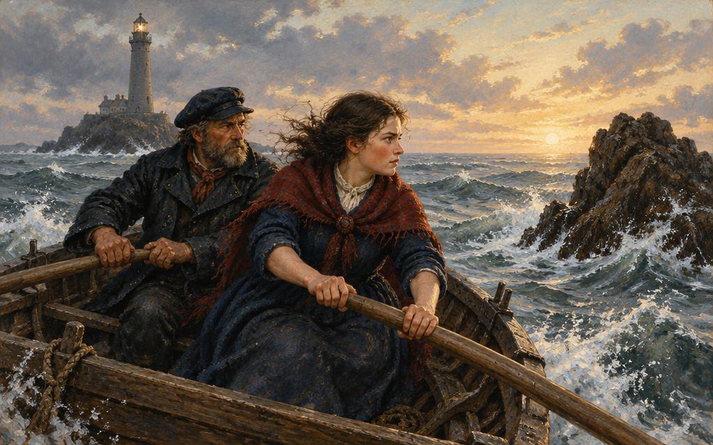 Grace Darling and her father rowing towards a rock near Longstone Lighthouse, 1838.