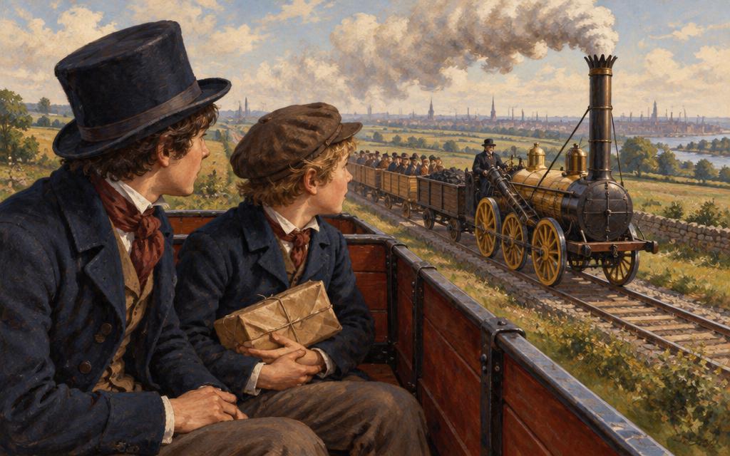 Freddie and Mary holding a mixed-up parcel on an early steam railway, 1830.