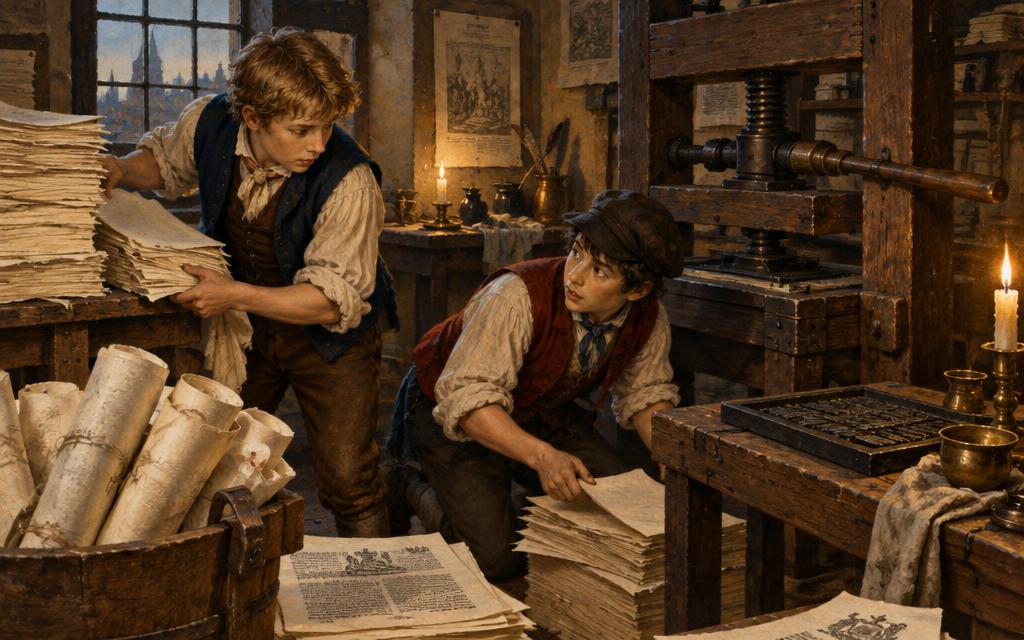 Joseph and a fellow apprentice searching a print shop for missing petition sheets.