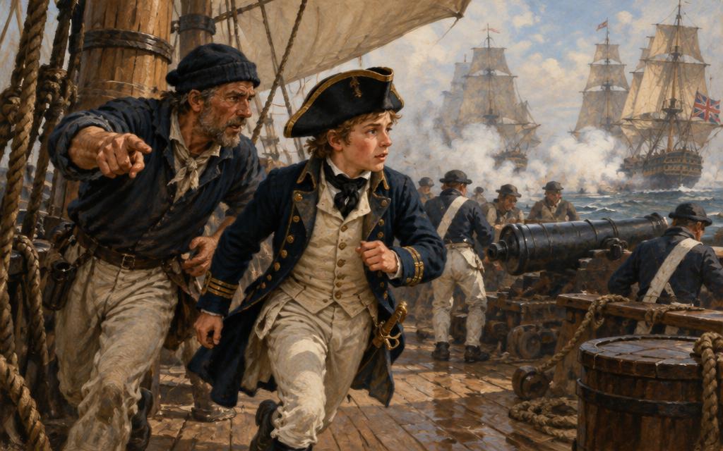 Midshipman Edward hurrying across a warship’s deck with an older sailor at Trafalgar, 1805.