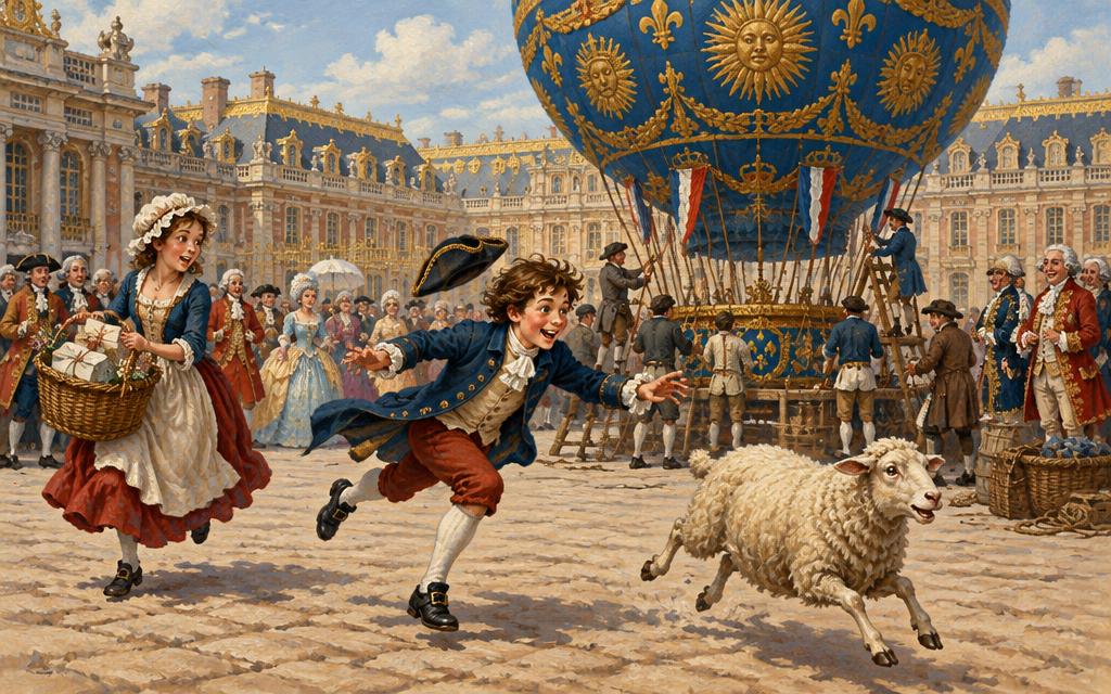Luc chasing a runaway sheep past a grand balloon at Versailles while Madeleine follows, 1783.