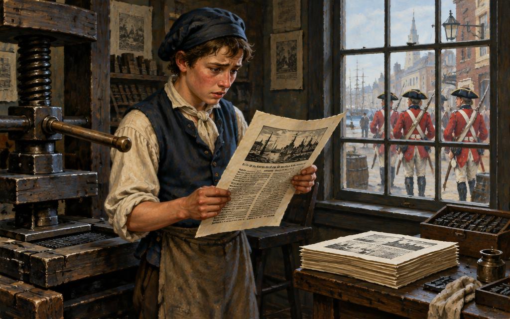 Isaac reading a troubling printed sheet in a New York print shop as soldiers pass outside.