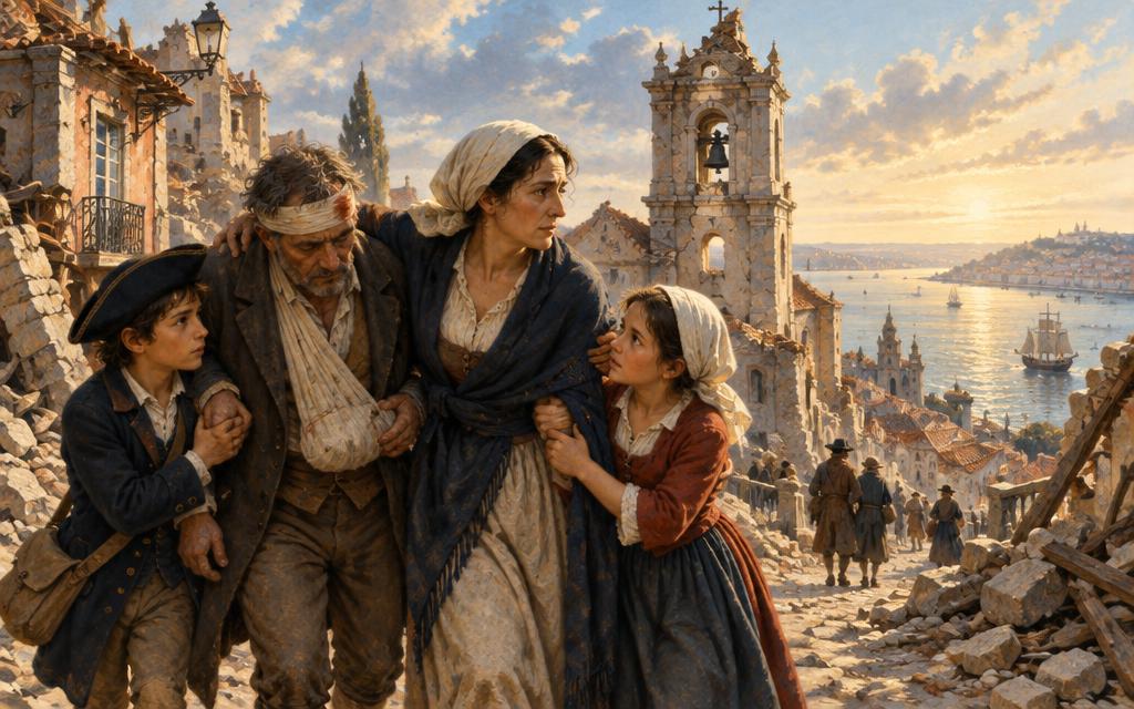 Tiago, his sister and mother helping an injured neighbour through Lisbon after the 1755 earthquake.
