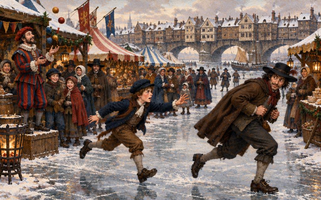 Robin chasing a pickpocket through the Frost Fair on the frozen Thames.