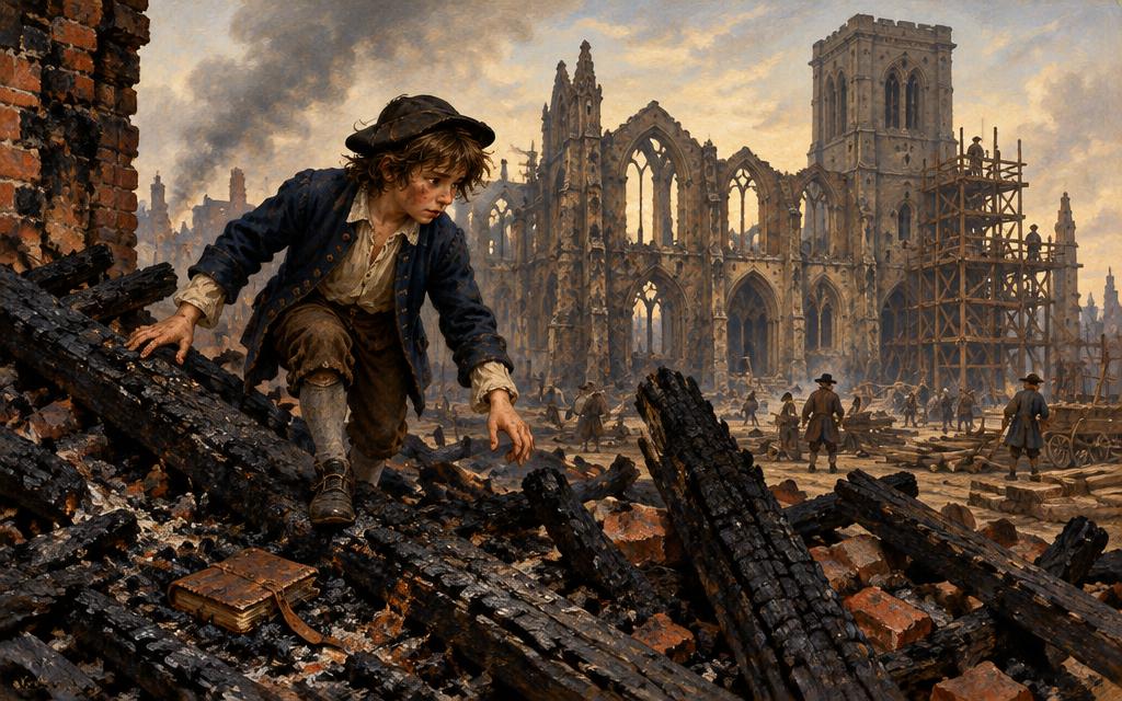 Ned searching the burnt ruins of London for Father’s lost account book after the Great Fire.