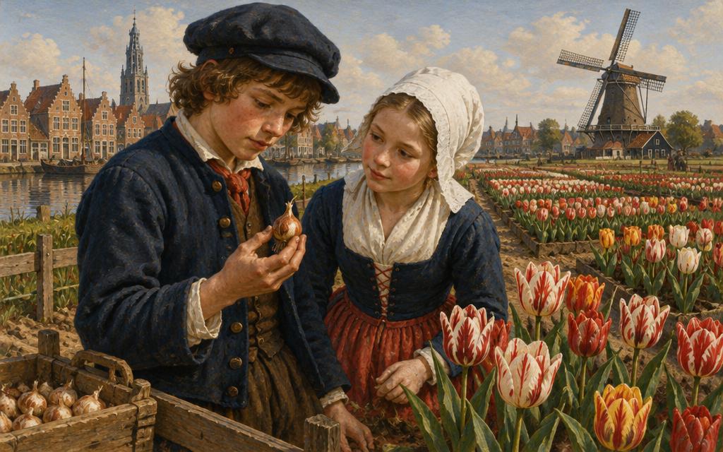 Pieter and Annetje examining a tulip bulb in a Haarlem nursery, 1637.