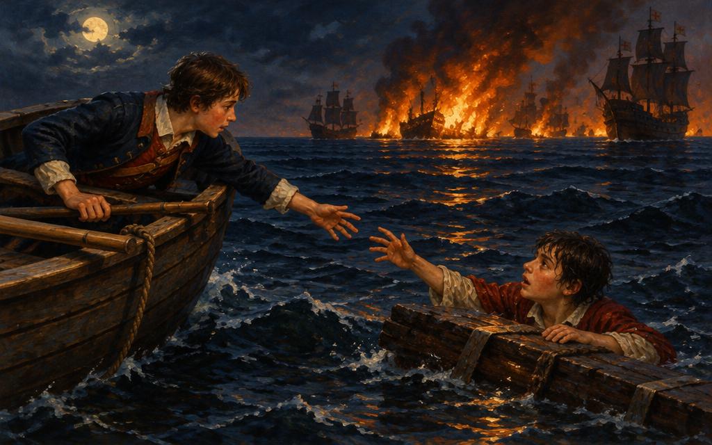 Hugh reaching from a small boat towards a Spanish boy in the water as fireships burn off Calais, 1588.