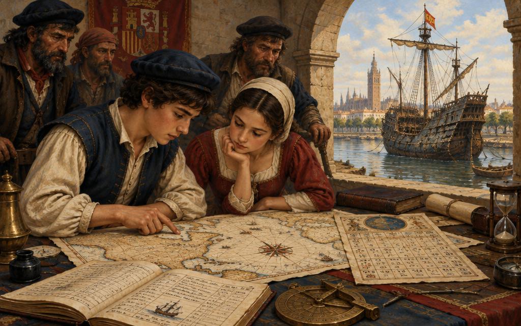 Diego and Isabel studying charts and a ship’s log in Seville after the first voyage around the world.