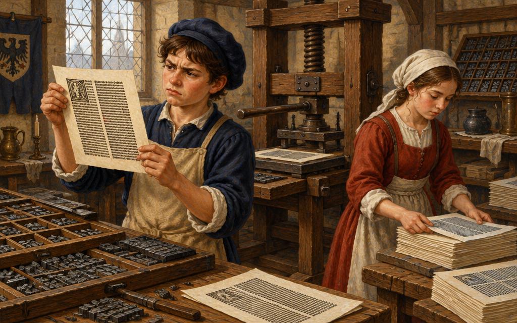 Hans checking a printed page for an error while Marta sorts sheets in an early print workshop.