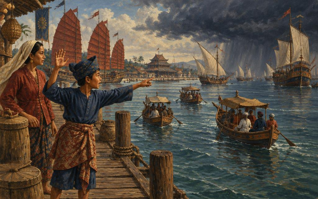Afiq directing small boats at the busy Malacca harbour as a squall approaches.