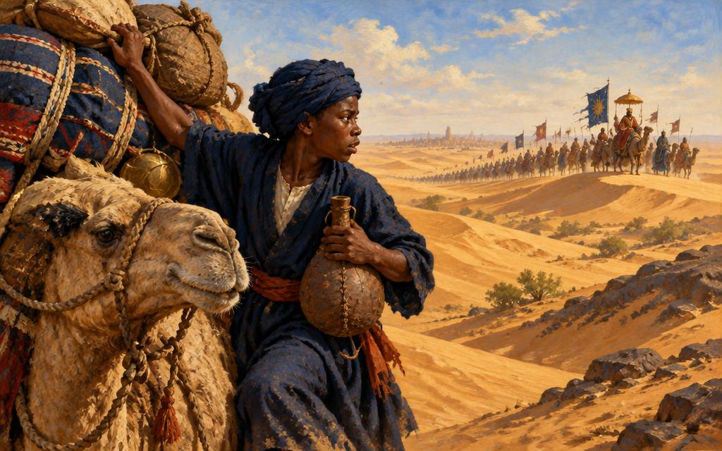 Balla steadying a camel’s load in the Sahara as Mansa Musa’s caravan moves ahead.