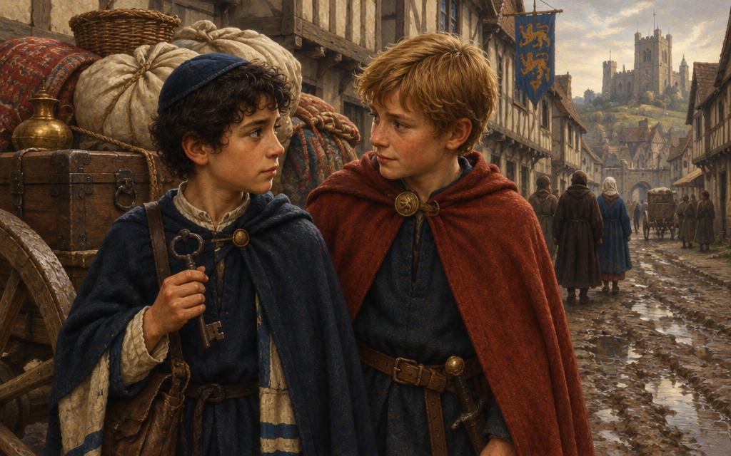 Elias holding his family’s house key beside his friend Willam and a loaded cart, 1290.