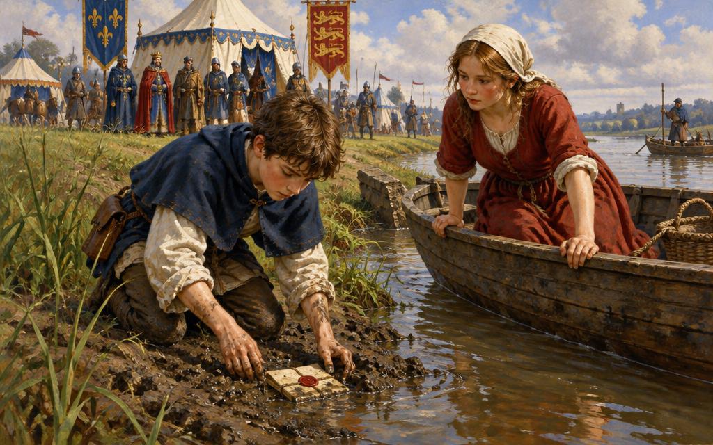 Martin finding a sealed packet in the riverside mud at Runnymede, 1215.