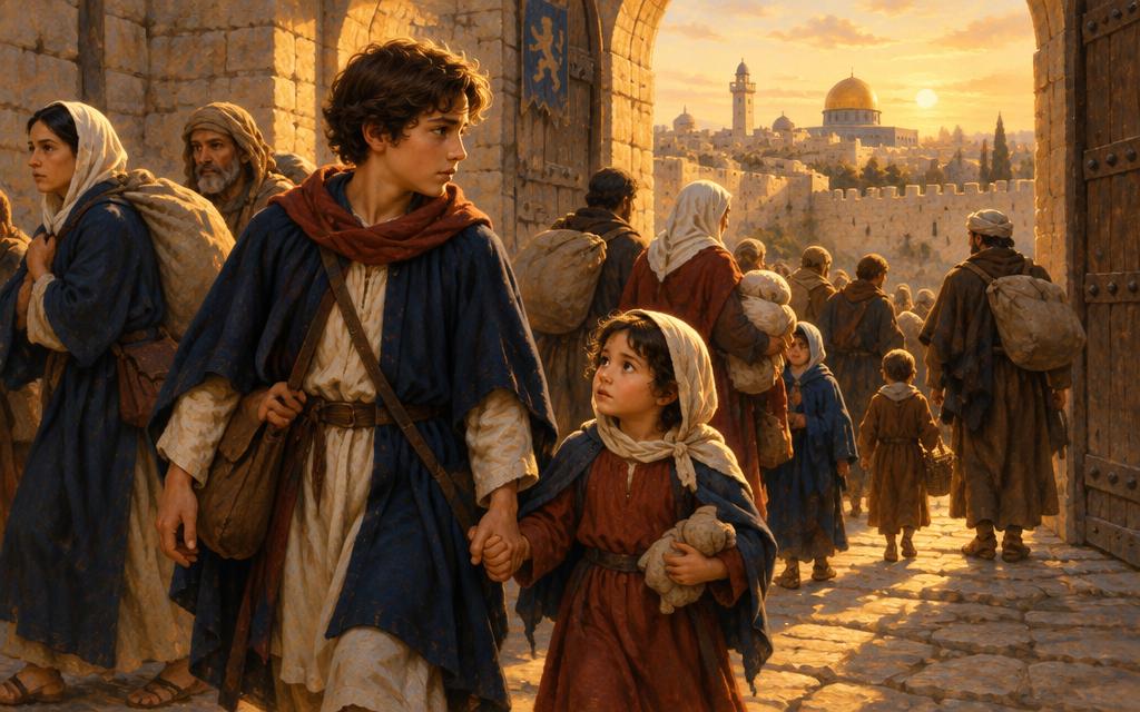 Peter leading a small neighbour by the hand as families leave through a Jerusalem gate, 1187.