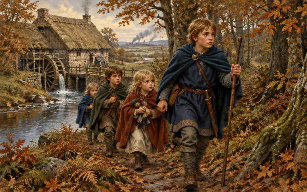 Edwin leading younger children along a woodland path away from their Sussex mill, 1066.