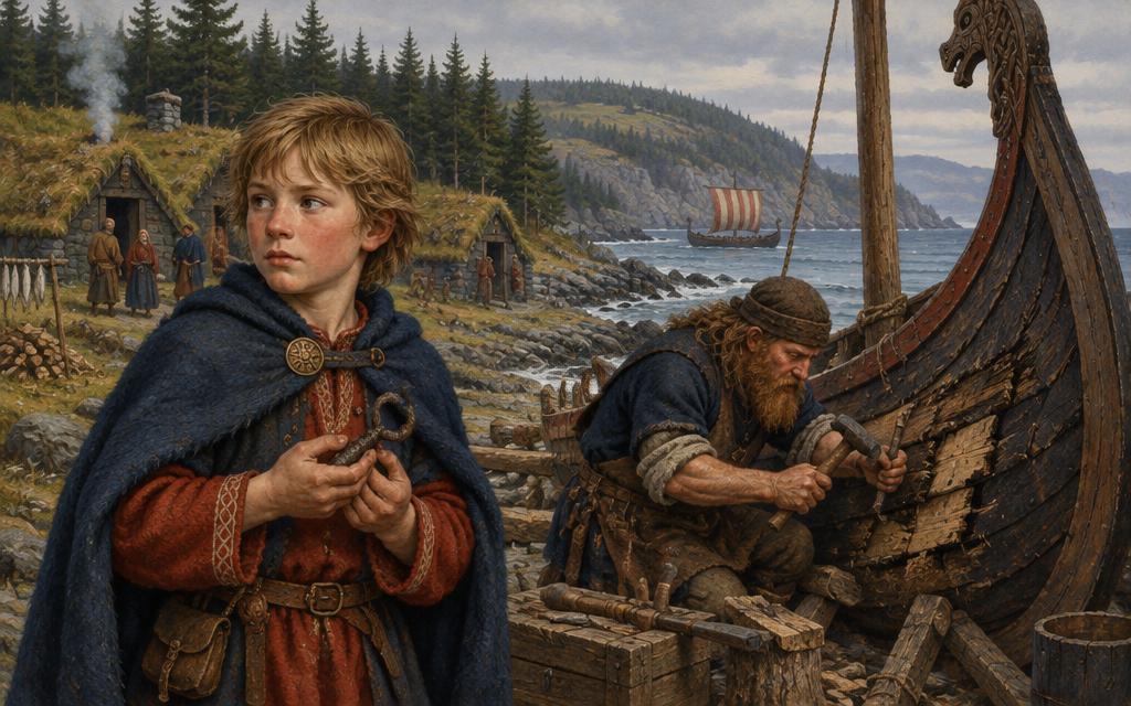 Haki holding a treasured iron object beside a shipwright repairing a Norse boat in North America.