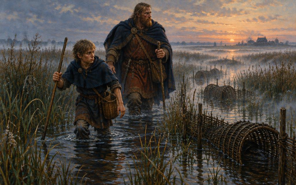 Osric guiding a giant messenger through misty Somerset marshes before dawn, 878.