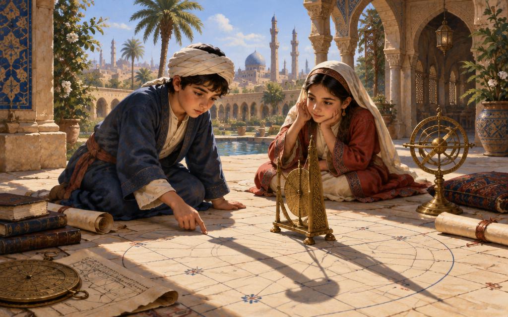Yunus and Mariam studying shadows cast by a brass instrument in a Baghdad courtyard.