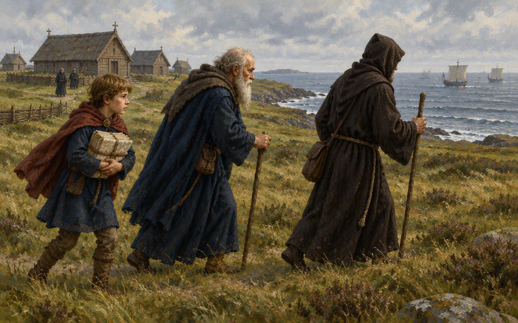 Cuthred carrying manuscript pages and helping an old man follow a monk across Lindisfarne, 793.