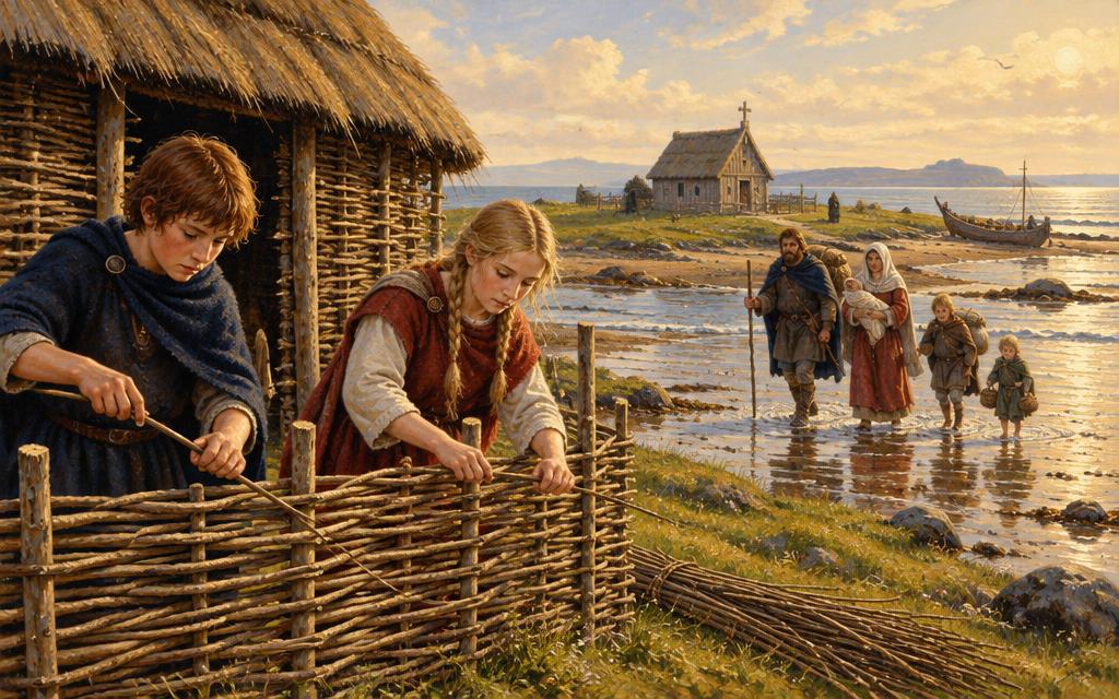 Niall and Hild weaving a hut wall on Lindisfarne as a new family crosses the tidal sands.