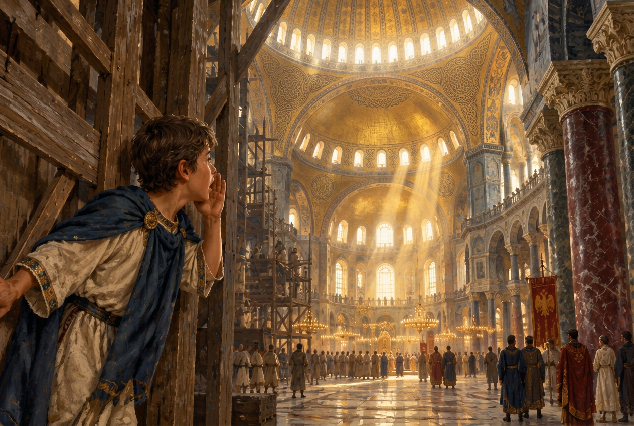 Petros calling for his cousin beside scaffolding inside the vast new church in Constantinople.