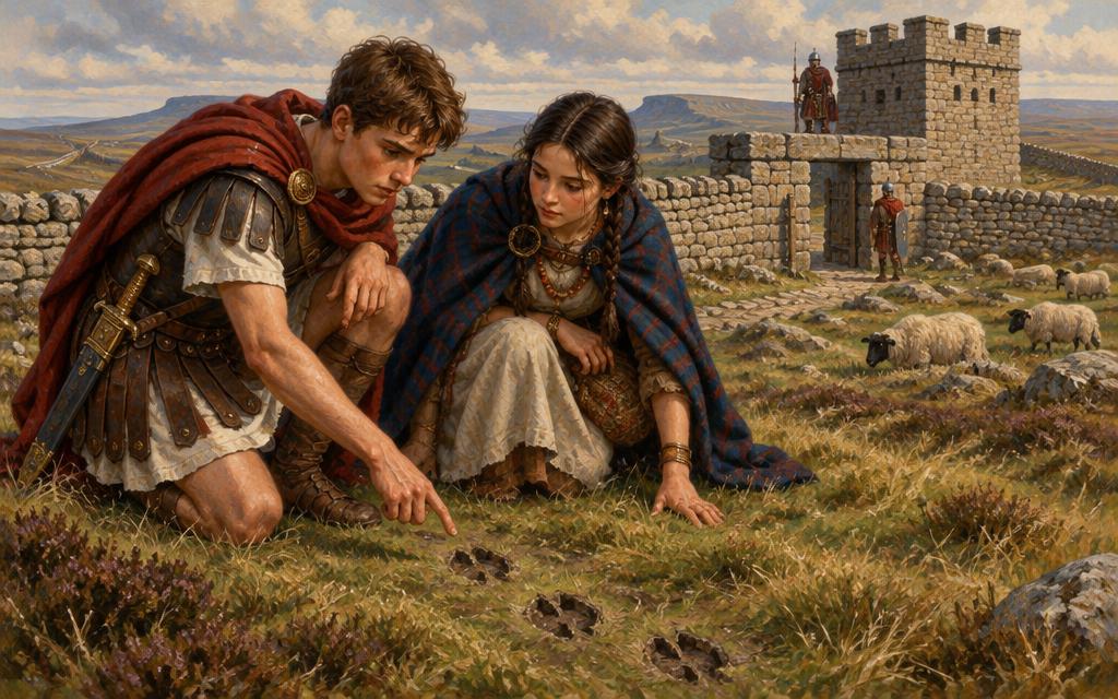 Marcus and Brenna studying animal tracks near a gateway in the Roman frontier wall.
