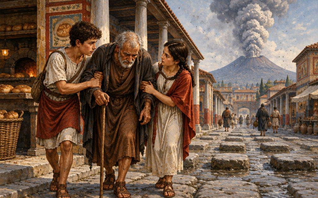 Felix and his sister helping an old man through Pompeii as Vesuvius erupts in the distance, AD 79.