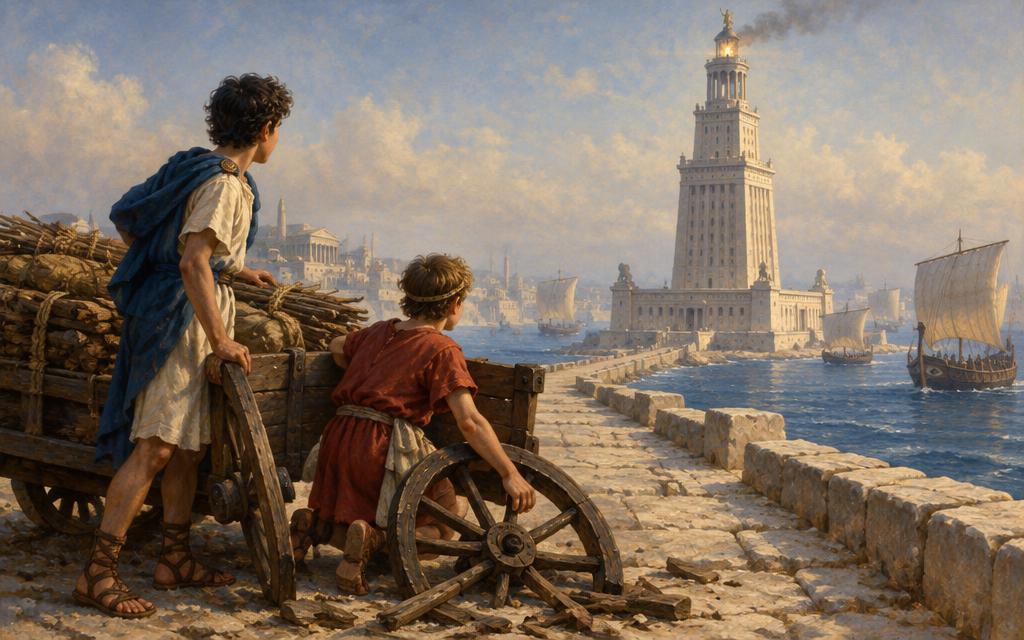 Petos and Doro beside a broken supply cart below the great lighthouse of Alexandria.